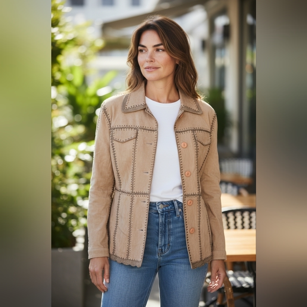 Women's Leather Patchwork Jacket Crochet Flowers … - image 1